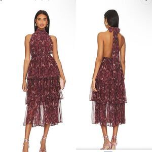 Sabina Musayev Melinda Ruby Print Ruffle Tie Midi Dress NWT Sz L Revolve $425